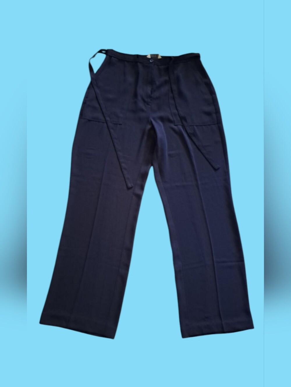 Vintage Michele Women's Navy Blue Thin Material Pants Belt Ties Front Pockets